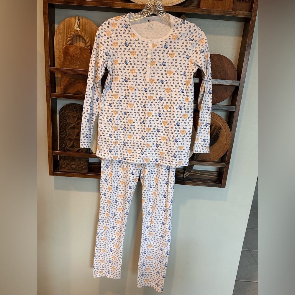 Roller Rabbit Hanukkah White Pajama Set with Blue and Yellow Print